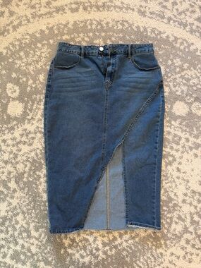 Allegra K Dark Blue Denim Pencil Skirt with Front Wrap Slit